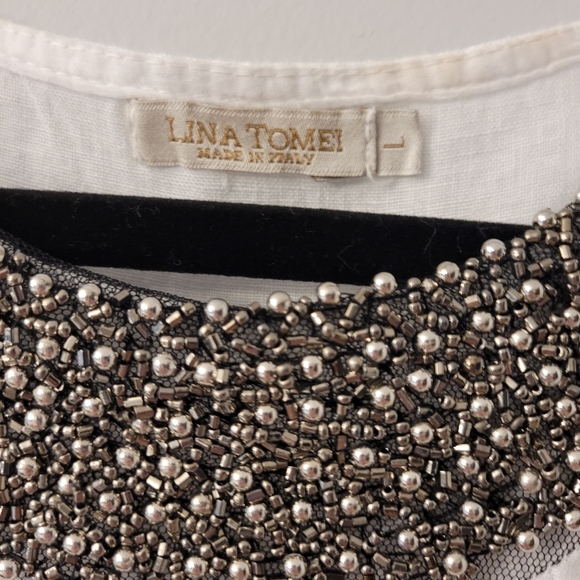 Italian Linen Tank Top Sz Lg Beaded Neck Soft Cotton Side Panels - Picture 6 of 8